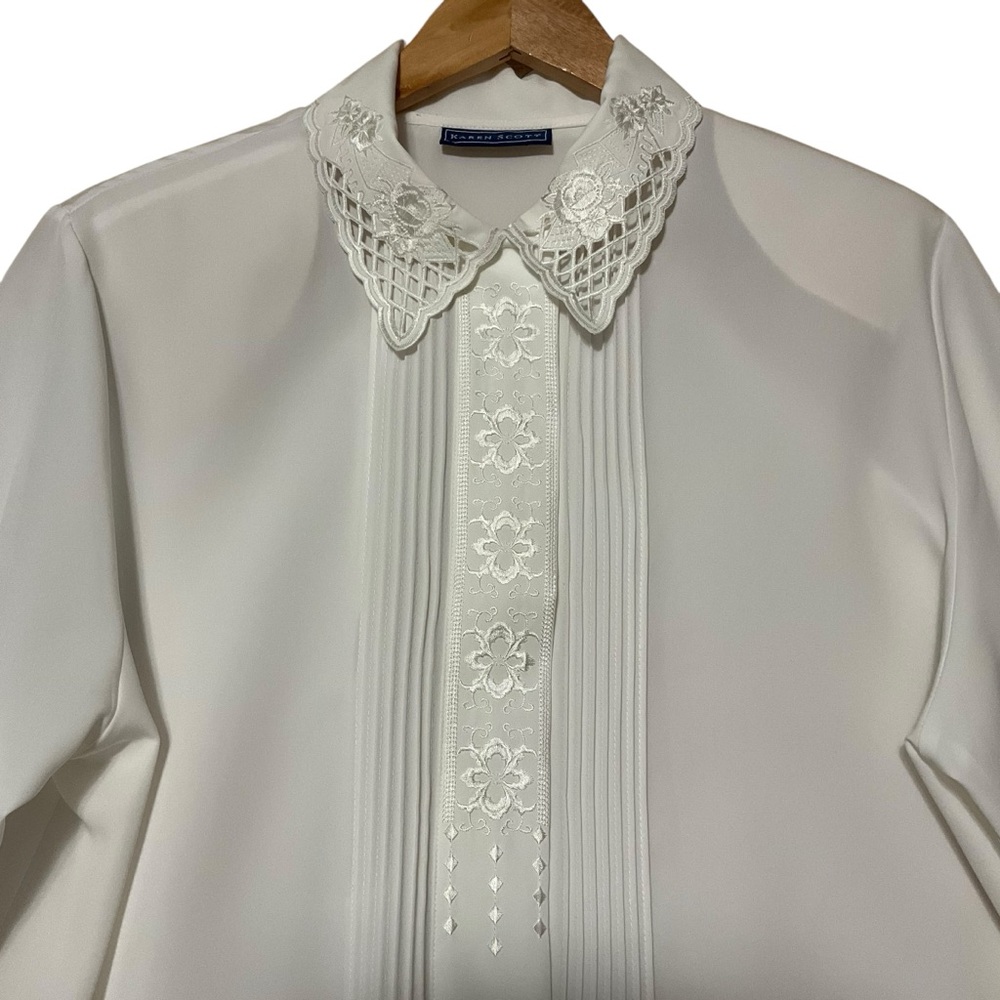 KAREN SCOTT sz X Large Long Sleeve Pretty Blouse Elegant Collar Embroidery White
